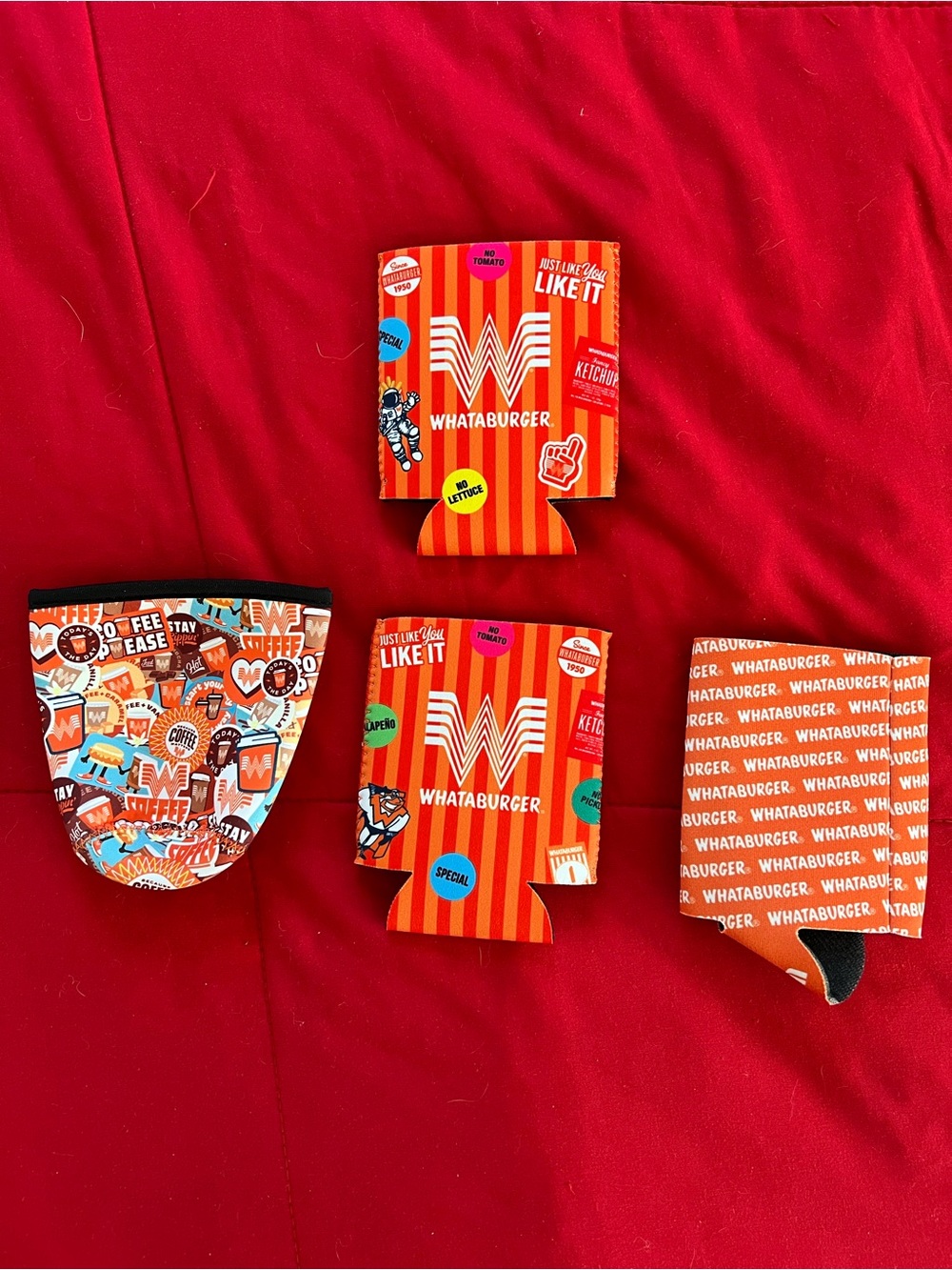 WHATABURGER Lot of 4 KOOZIE ORANGE NEW BEER DRINK SODA CAN Coffee INSULATED